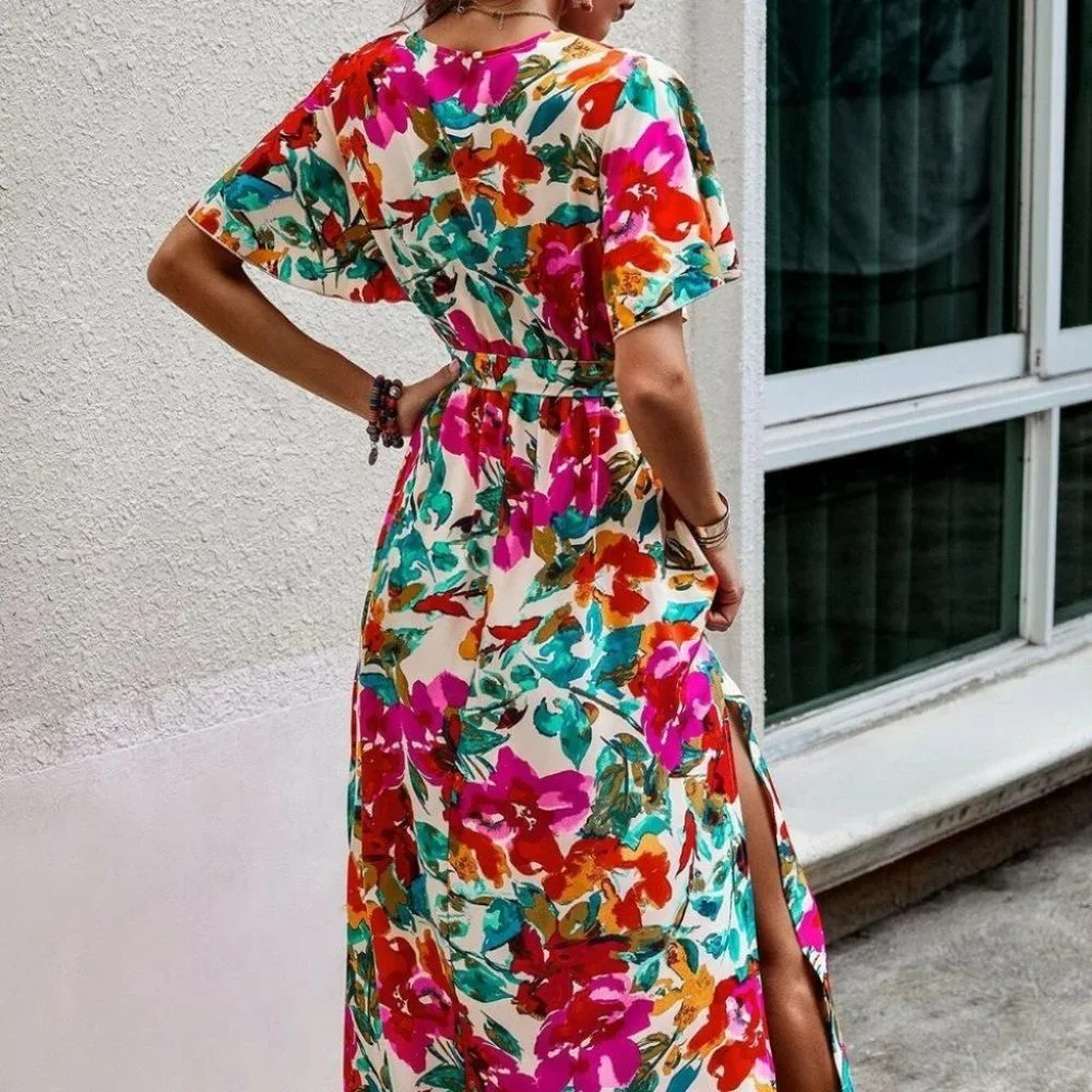 Floral Print Butterfly Sleeve Split Thigh Belted Dress - Picture 3 of 4